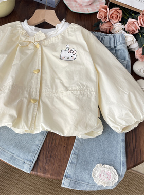 韩系秋季女童奶黄色kt印花花苞娃娃款外套宝宝上衣洋气儿童衣服女