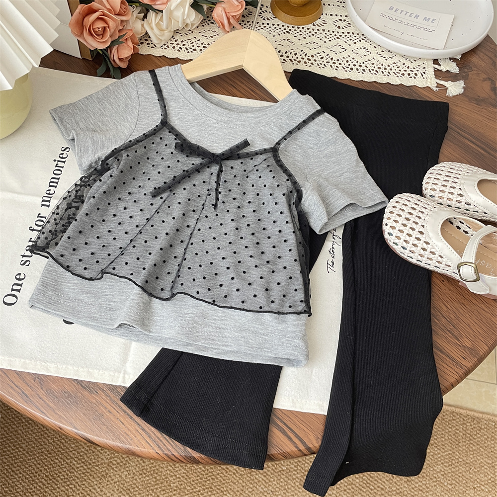 韩系夏季婴儿宝宝圆点网纱假两件短袖t恤洋气女童短款上衣时髦女