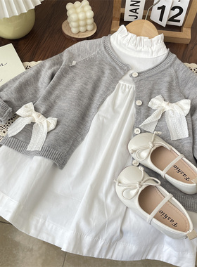 韩系春秋女童女宝儿童灰色蕾丝蝴蝶结针织开衫毛衣外套薄款上衣女