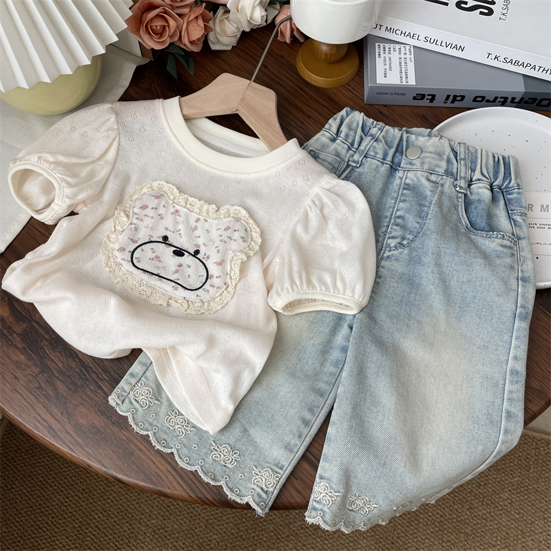 夏款女童镂空蕾丝小熊贴布短袖t恤薄款宝宝洋气打底衫儿童上衣女
