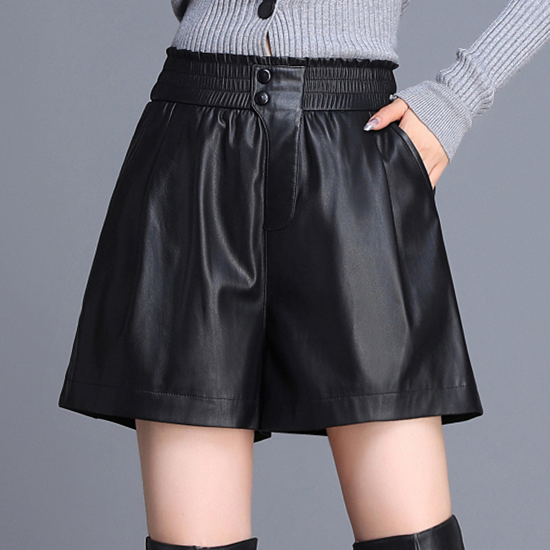 海宁真皮皮裤女绵羊皮阔腿裤短裤