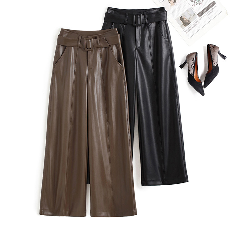 海宁真皮皮裤女高腰阔腿裤时尚百搭九分裤宽松显瘦羊皮直筒休闲裤,女装/女士精品,皮裤,淘宝优惠券,粉丝福利购,淘宝优惠卷