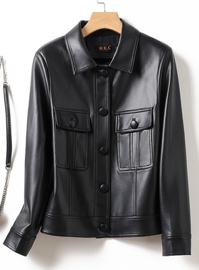 海宁真皮显瘦皮衣女士短款新款翻领休闲百搭黑色宽松羊皮夹克外套