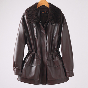 海宁真皮皮衣女中长款冬季新款收腰显瘦皮羽绒服时尚加绒保暖外套