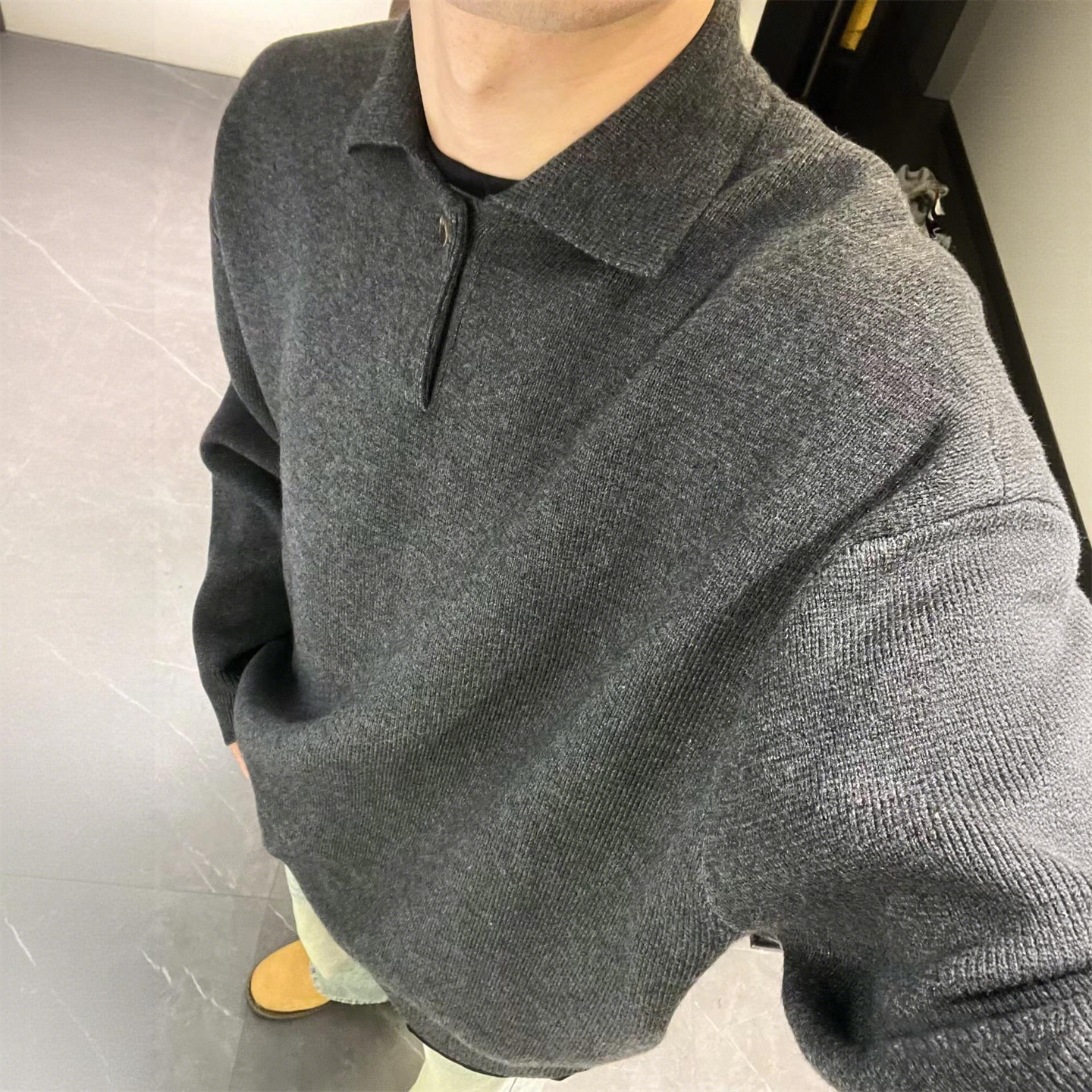 慵懒风polo领针织衫男加绒保暖翻领老钱风毛衣灰色修身高级感线衣