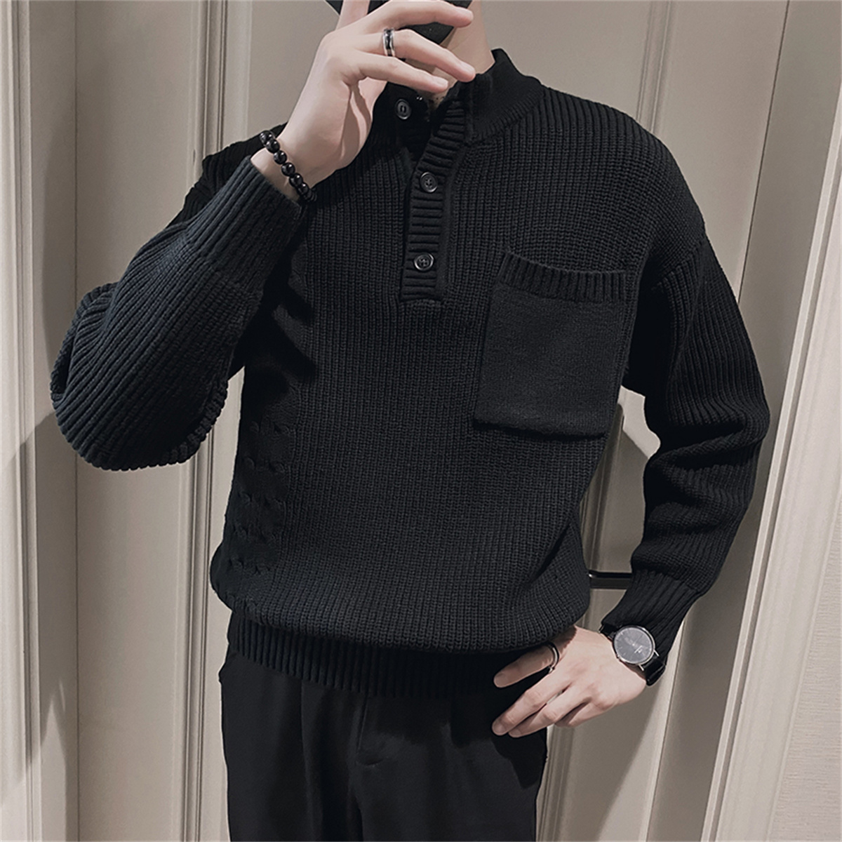 秋季新款纽扣毛衣男灰色修身休闲套头针织衫线衣男士春秋季内搭衫