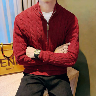 复古半拉链立领针织衫男麻花纹修身毛衣绞花纹老钱风复古针织衫男