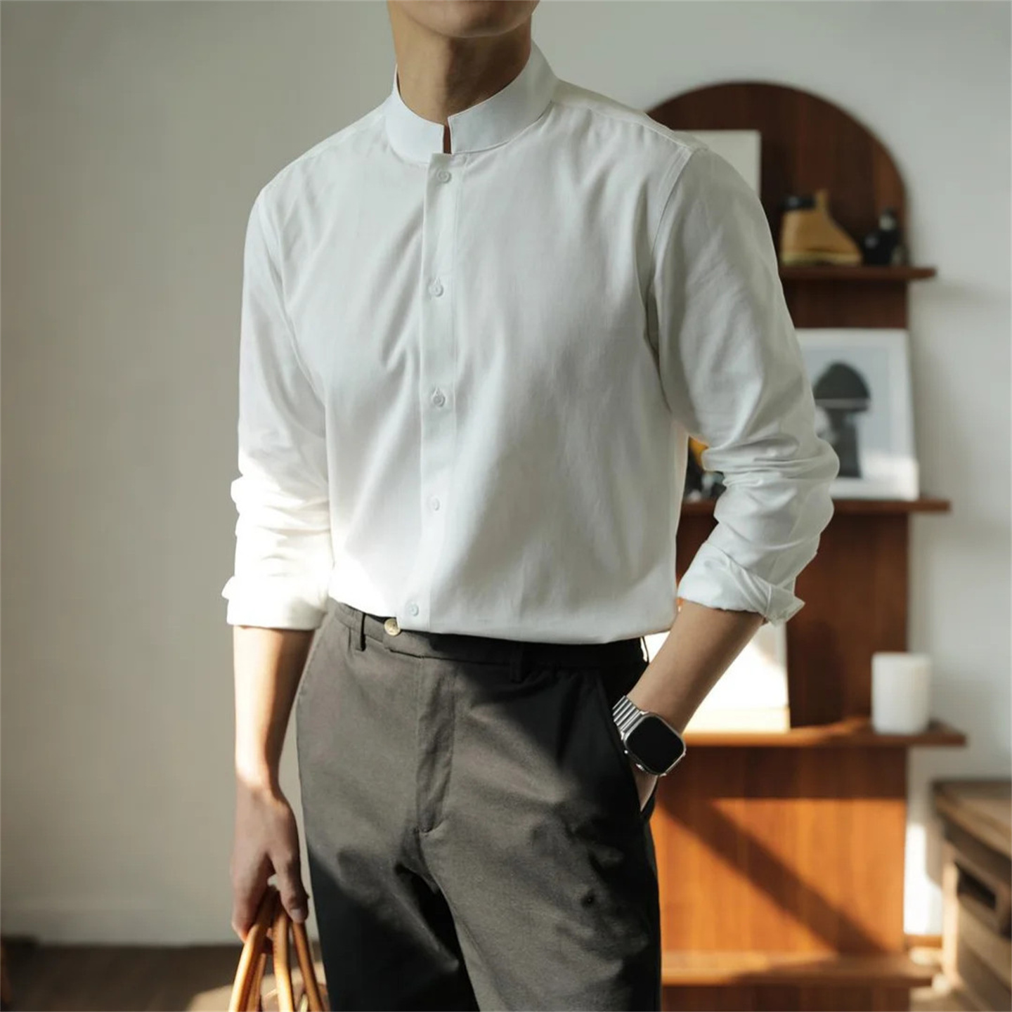 轻熟风纯色立领长袖衬衫男韩版潮牌商务修身抗皱衬衣休闲白色衬衣