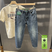 潮牌破洞简约休闲九分裤 轻奢绣花男士 小脚春夏新款 弹力修身 牛仔裤