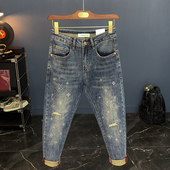 牛仔裤 修身 小脚九分裤 2025夏季 弹力男裤 男士 潮流美式 子破洞潮 新款