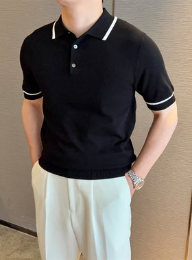 夏季休闲商务翻领撞色POLO衫男士英伦轻熟短袖针织高端翻领T恤男
