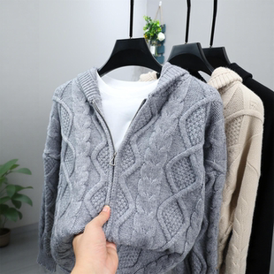 老钱风绞花纹针织开衫男加厚连帽毛衣外套灰色百搭男士极简风线衣