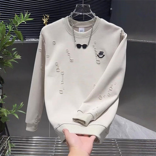 韩版潮流圆领破洞卫衣男2025秋季休闲设计感小众长袖帅气打底衫男