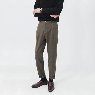 秋冬英伦加厚毛呢裤男直筒修身毛料西裤男士配马丁靴九分休闲裤子