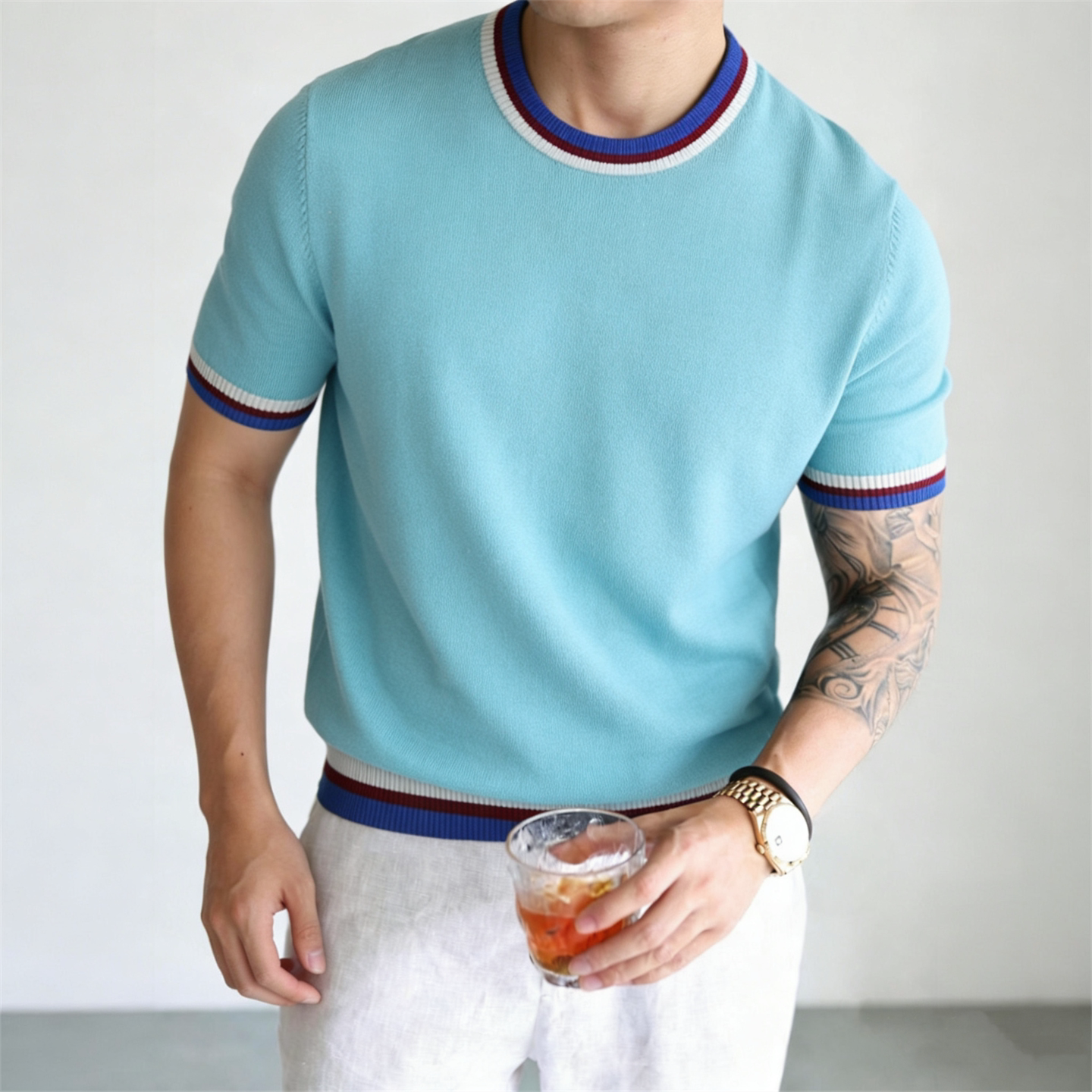 夏季针织衫男短袖修身圆领撞色条纹潮流上衣通勤老钱风休闲T恤男