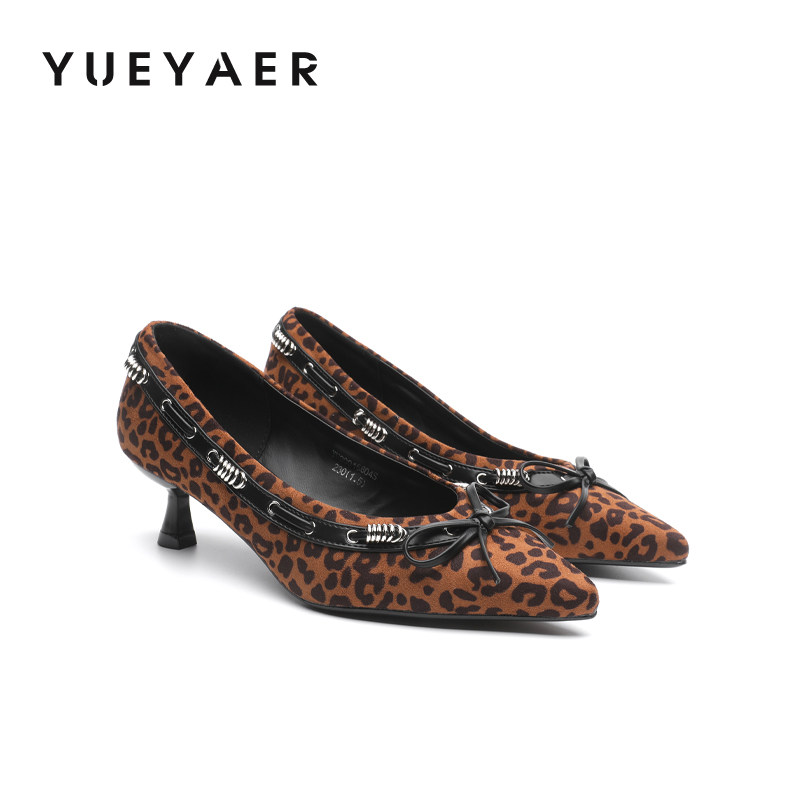 月芽儿豹纹蝴蝶结浅口单鞋女款2026新款春季细跟气质不累脚高跟鞋
