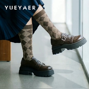 女鞋 月芽儿英伦风厚底乐福鞋 子百搭一脚蹬小皮鞋 黑色鞋 女2026新款