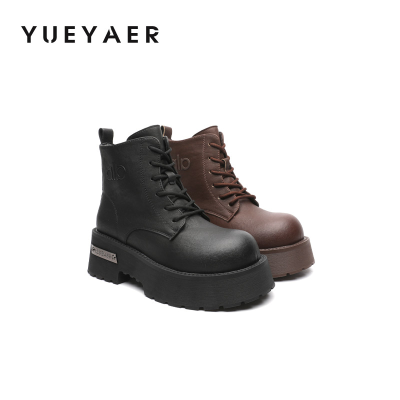 月芽儿厚底马丁靴女2025冬新款英伦风系带短靴增高小个子百搭靴子