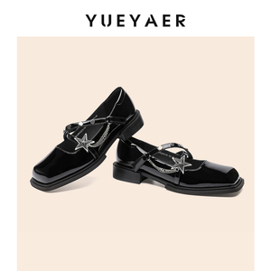 月芽儿甜酷玛丽珍女鞋春秋季链条浅口单鞋粗跟小皮鞋平底新款百搭