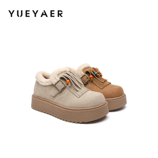 月芽儿勃肯鞋女2025冬季新款复古厚底百搭小皮鞋加厚加绒毛毛棉鞋