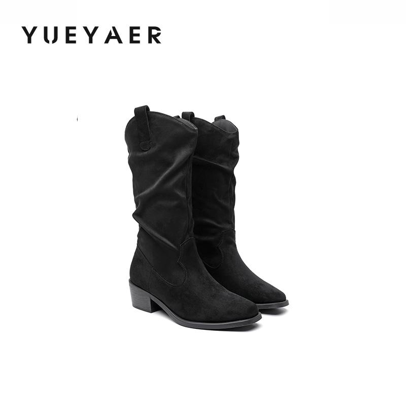 月芽儿复古粗跟V口筒堆堆靴