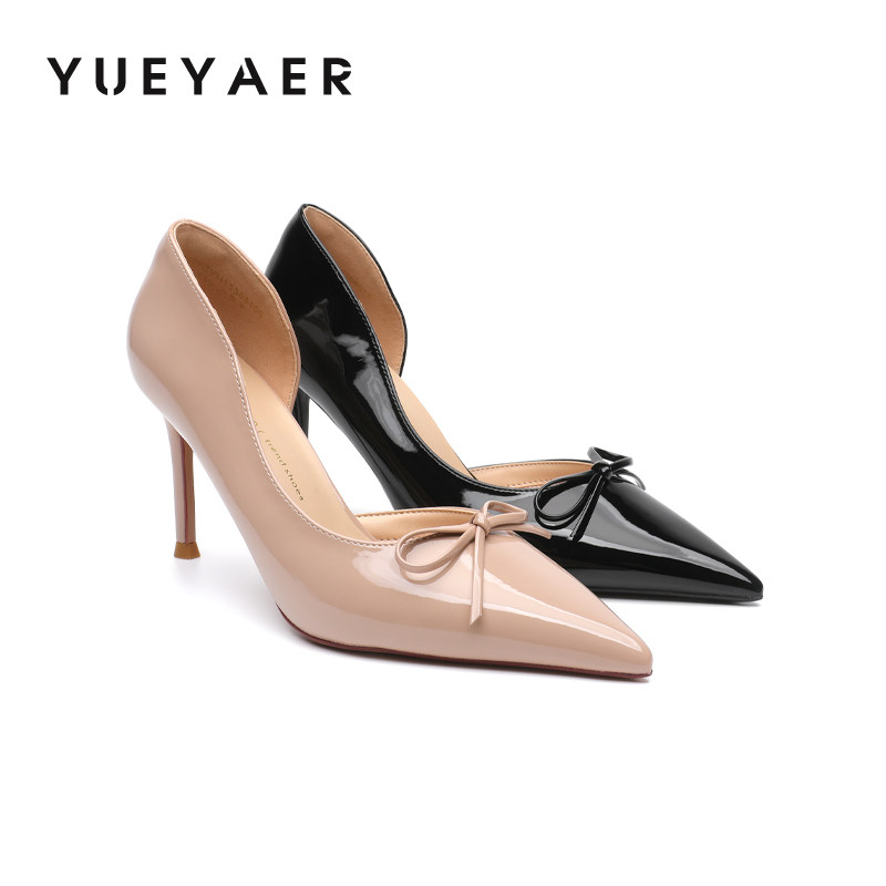 月芽儿2026春季新款优风漆皮尖头高跟鞋女蝴蝶结浅口侧空细跟单鞋
