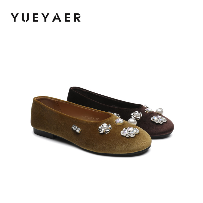 月芽儿复古风绒面水钻花朵瓢鞋2026春季新款浅口平底一脚蹬单鞋女,女鞋,浅口单鞋,淘宝优惠券,粉丝福利购,淘宝优惠卷