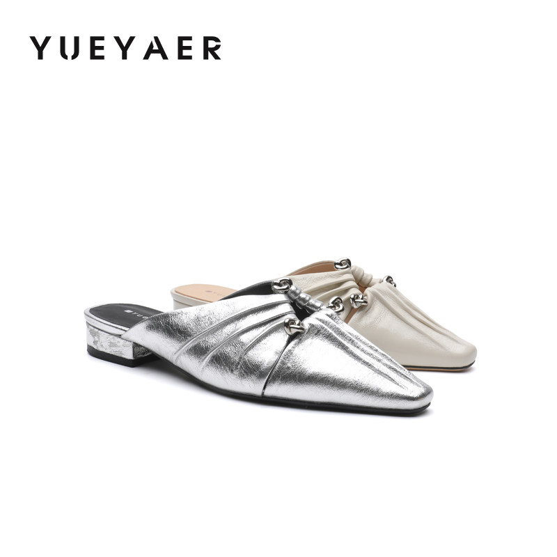 月芽儿2026新款褶皱尖头穆勒鞋女低跟包头半拖时尚银色粗跟懒人鞋,女鞋,穆勒鞋,淘宝优惠券,粉丝福利购,淘宝优惠卷