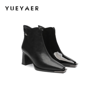 月芽儿细跟短靴女2025新款秋冬季高跟鞋气质百搭方头瘦瘦靴马丁靴