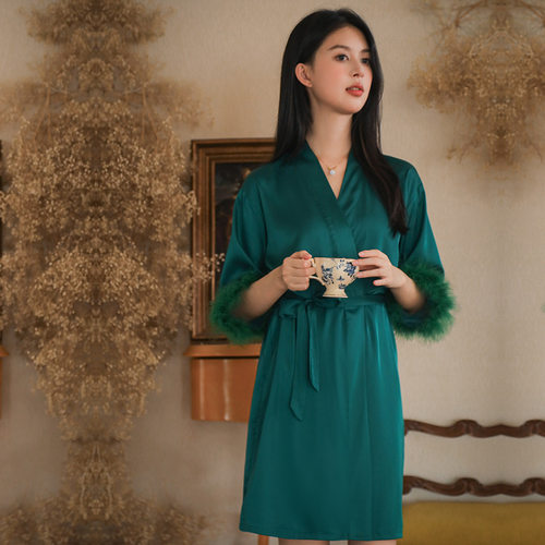 bride新娘袍晨袍女士睡袍婚礼化妆伴娘团结婚羽毛仙女系浴袍