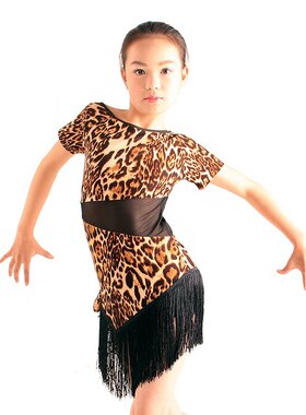 特价丹凯儿童拉丁舞女童短袖豹纹流苏连衣裙少儿舞蹈练功服演出服