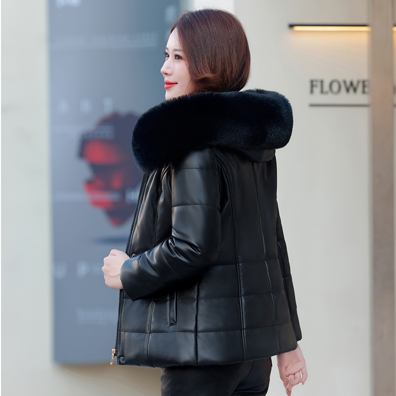 加绒加厚PU皮棉服女短款