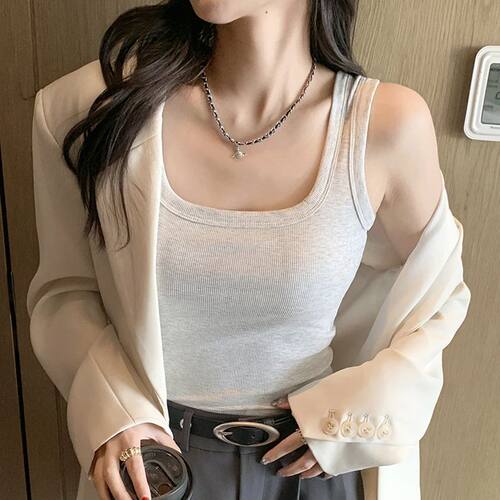 纯棉美式宽肩遮副乳吊带背心女内搭夏薄款修身百搭打底上衣H345