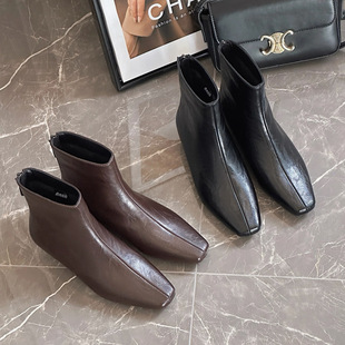 真皮羊皮2025超火小短靴新款爆款秋冬季加绒方头切尔西女靴子粗跟