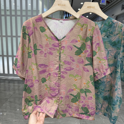 婆婆妈妈碎花棉麻短袖衬衫夏薄款婆婆减龄小衫中老年宽松透气上衣