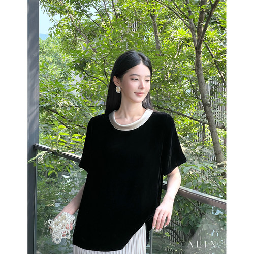 ALIN【云柏间】100桑蚕丝堆堆领短袖T恤女夏落肩撞色上衣AL6NST14