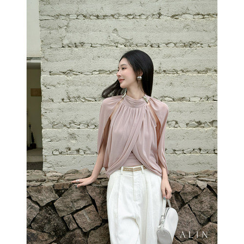 ALIN夏季藕粉色挂脖上衣女