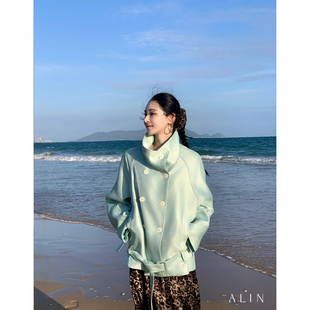 阿琳ALIN【山月有灵】春季双排扣立领风衣女时尚短款宽松外套