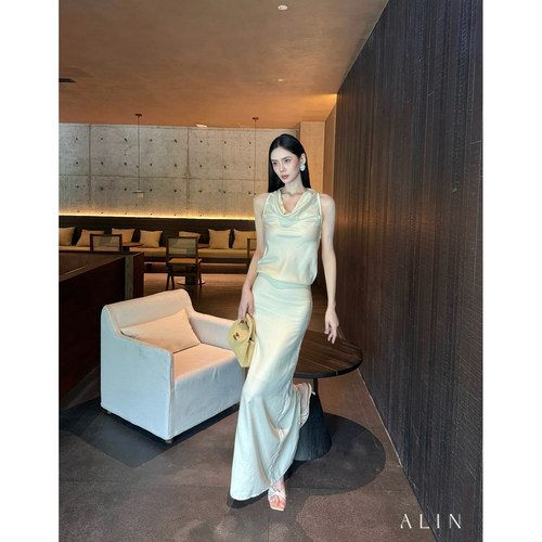ALIN【松风煮雨】91.7天丝+4.9醋酸荡领无袖连衣裙直筒长裙AL6NSL