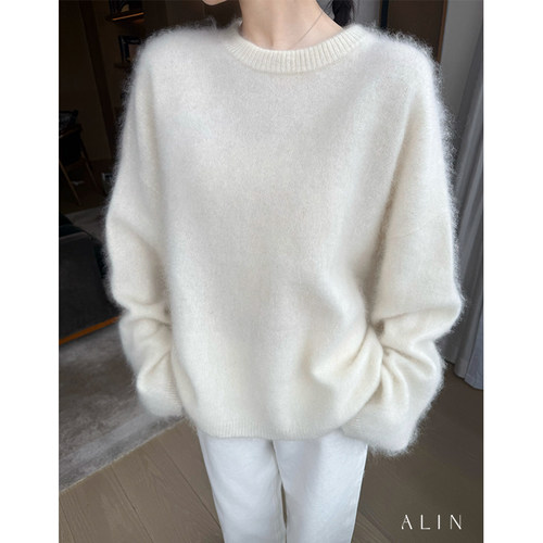 阿琳ALIN【初雪】秋冬羊绒羊毛混纺毛衣女慵懒软糯圆领上衣