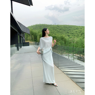 ALIN【霜华晚】醋酸不对称纽结上衣+高腰直筒长半裙套装女AL6MBC1