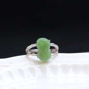 新款银镶玉戒指和田玉碧玉貔貅指环可松紧活口925银戒指男女款