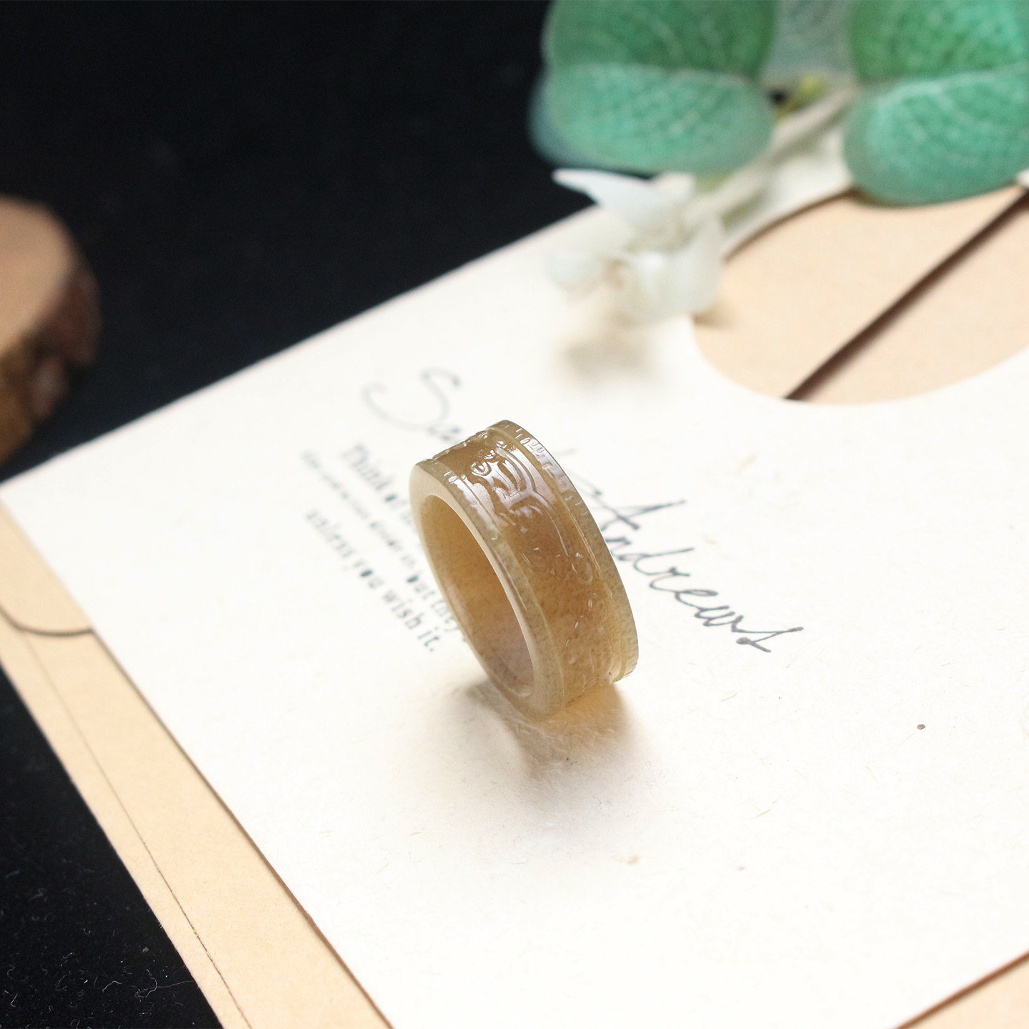 新款和田玉糖玉四面兽纹指环宽版直切仿古纹戒指女士小号扳指17mm