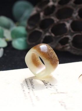 新款时尚和田玉糖白玉方圆戒指宽版山水意境指环男女款18mm玉戒