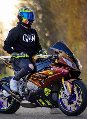 GMW白色机车卫衣MOTO新款摩旅骑行男ins美式宽松骑士连帽外套潮牌