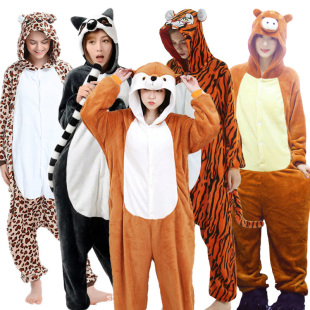 卡通动物表演非洲狐獴野猪豹纹熊老虎扮演男女连体睡衣派对人偶服