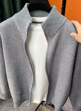 百搭纯色拉链开衫男针织衫秋冬季爆款修身毛衣外套男立领半高外搭