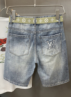 浅色破洞牛仔裤男2024夏季薄款宽松短裤潮牌印花休闲百搭五分裤子