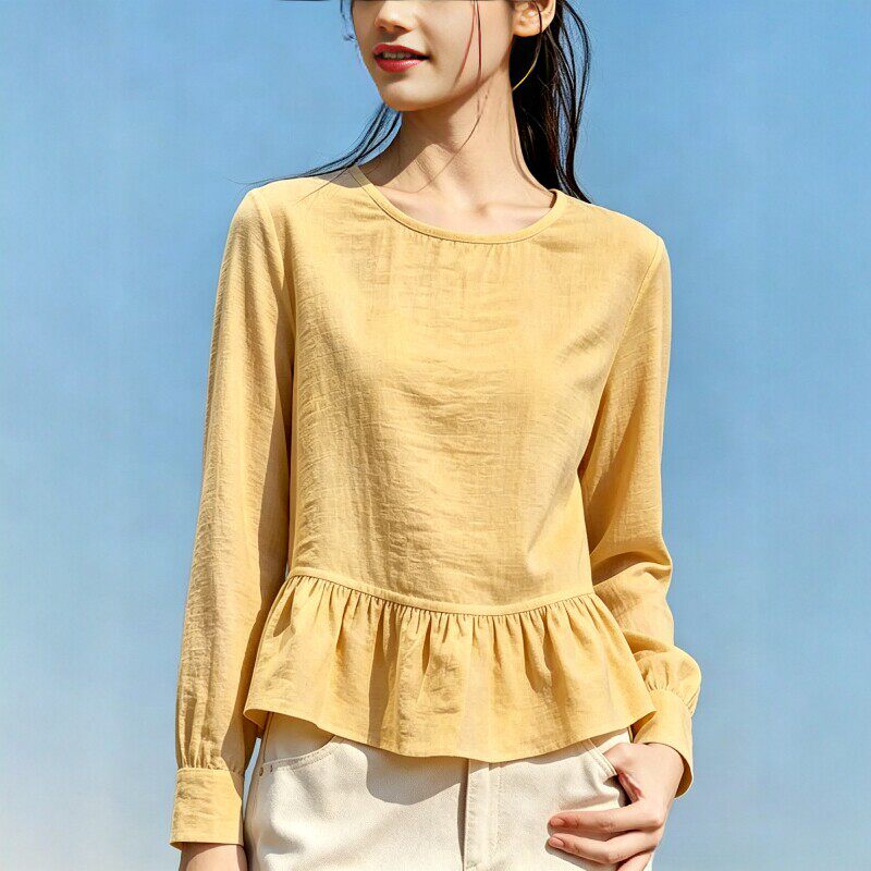 秋季休闲荷叶边圆领长袖大码女上衣宽松大方日常多场景百搭T恤