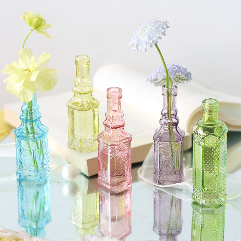 复古浮雕彩色玻璃小花瓶欧式小口径迷你花瓶水培装饰瓶干鲜花摆件,家居饰品,花瓶,淘宝优惠券,粉丝福利购,淘宝优惠卷